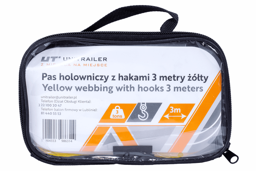 Cablu de remorcare UNITRAILER cu cârlige, curea de remorcare 3m/50mm/3t galben