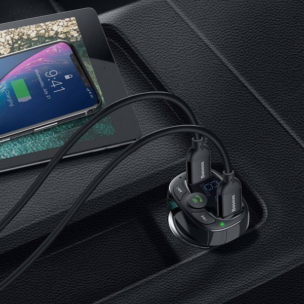 Transmițător FM BASEUS tip T, Bluetooth 4.2, MP3 + încărcător auto 2x USB 3.4A