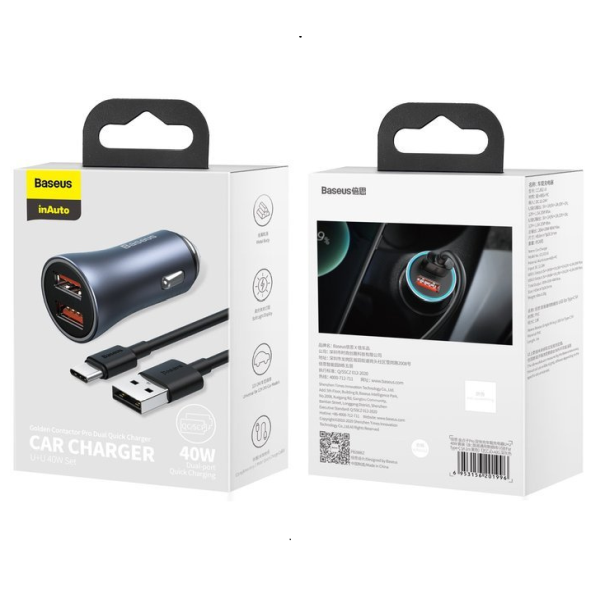 Set încărcător auto BASEUS Golden Pro 2xUSB 40W + cablu USB