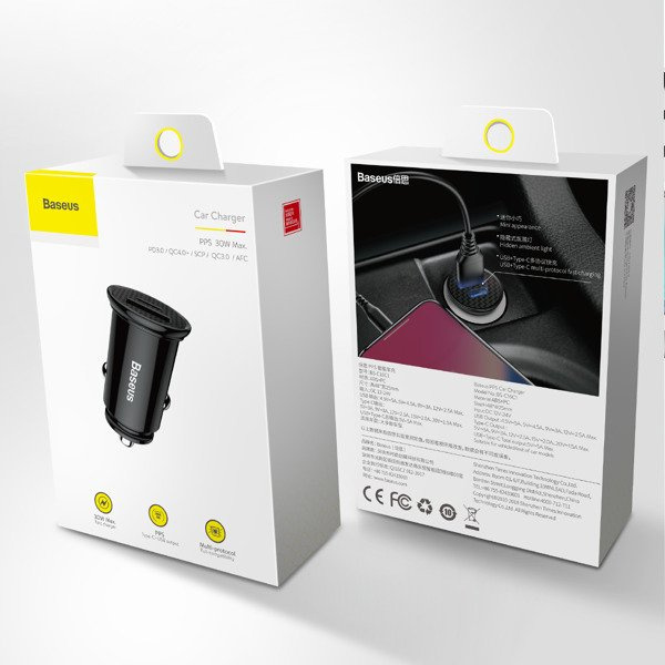 Încărcător auto circular BASEUS USB-A, USB-C 30W din plastic