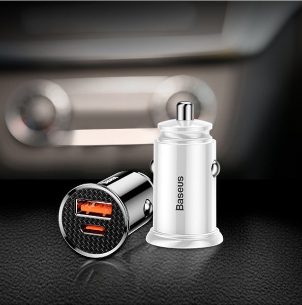 Încărcător auto circular BASEUS USB-A, USB-C 30W din plastic