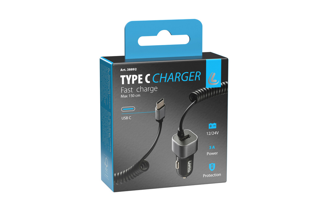 Încărcător auto LAMP USB Tip-C, priză brichetă 12/24V