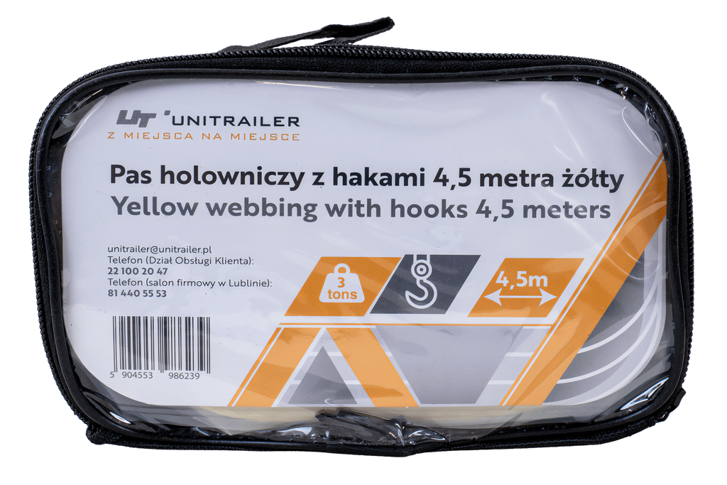 Cablu de remorcare UNITRAILER cu cârlige, curea de remorcare 4,5 m/50 mm/3 t, galben