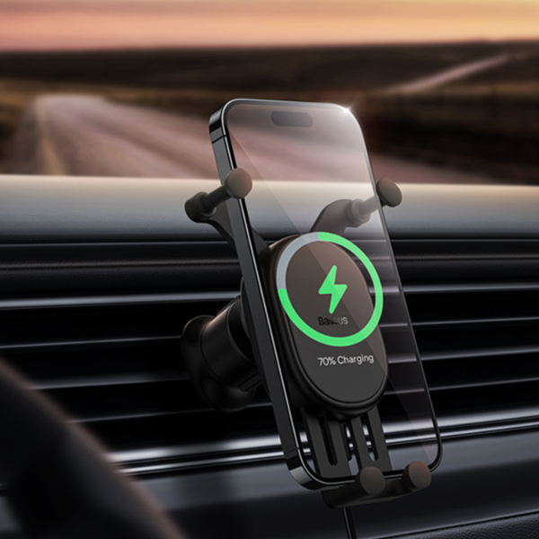 Suport auto BASEUS Stable Gravitional cu încărcare wireless Qi de 15W pentru orificiul de ventilație