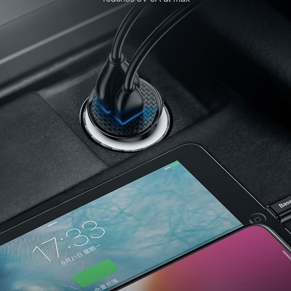 Încărcător auto circular BASEUS USB-A, USB-C 30W din plastic