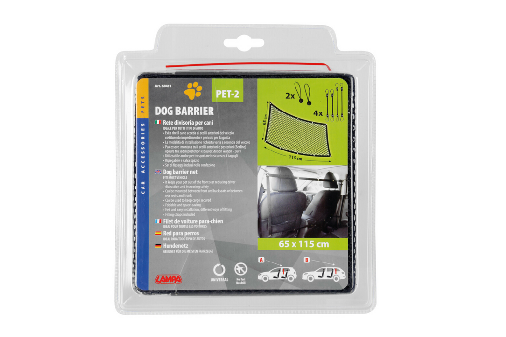 Barieră despărțitoare pentru câini LAMPA PET-2 din plasă, fixată pe scaunele din față, 115x65cm