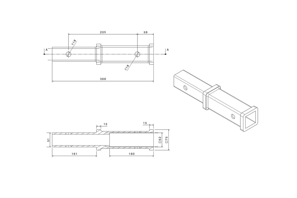 Prelungire bară de remorcare 2" XIMPLIO 205mm 51x51mm