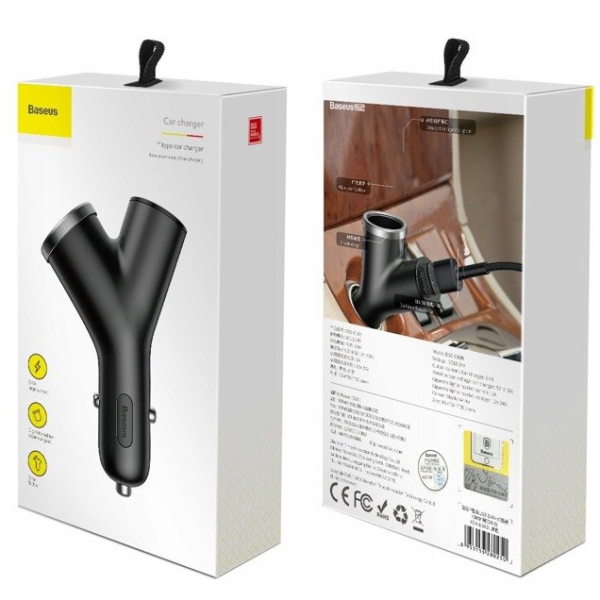 Încărcător auto BASEUS tip Y 2xUSB, priză brichetă 40W