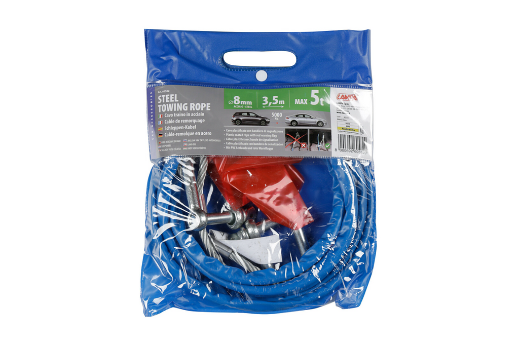 Cablu de remorcare cu cheițe, cablu de oțel LAMPA, 3,5 m/8 mm/5 t, albastru