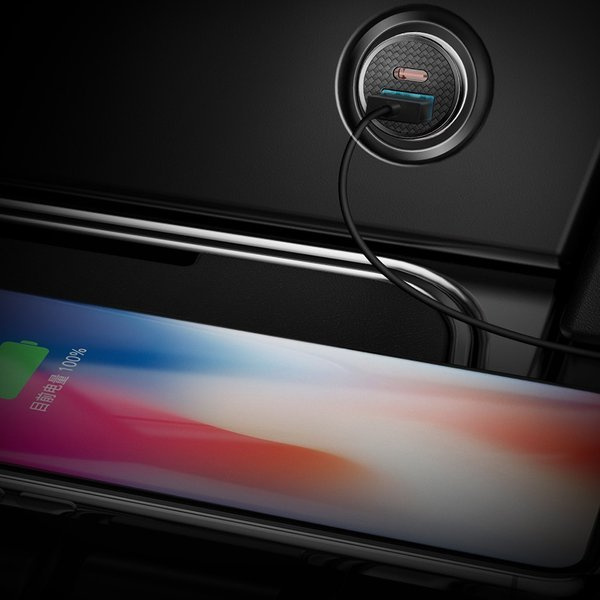 Încărcător auto circular BASEUS USB-A, USB-C 30W din plastic